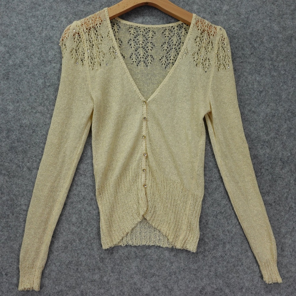Coquette Pointelle Lace Cardigan Womens XS Cream Rhinestone Balletcore Cozy Knit